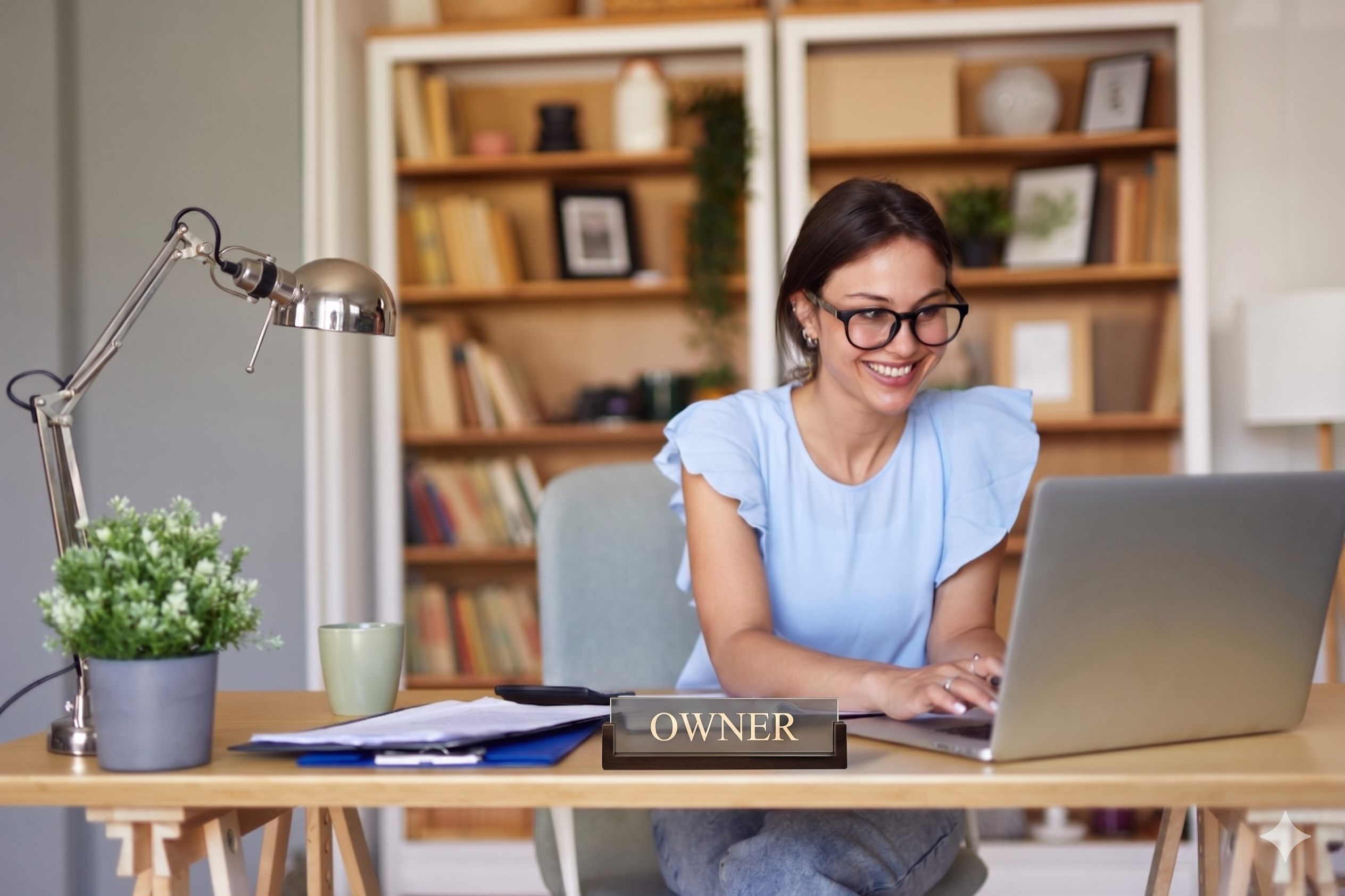 Female owner working from home office